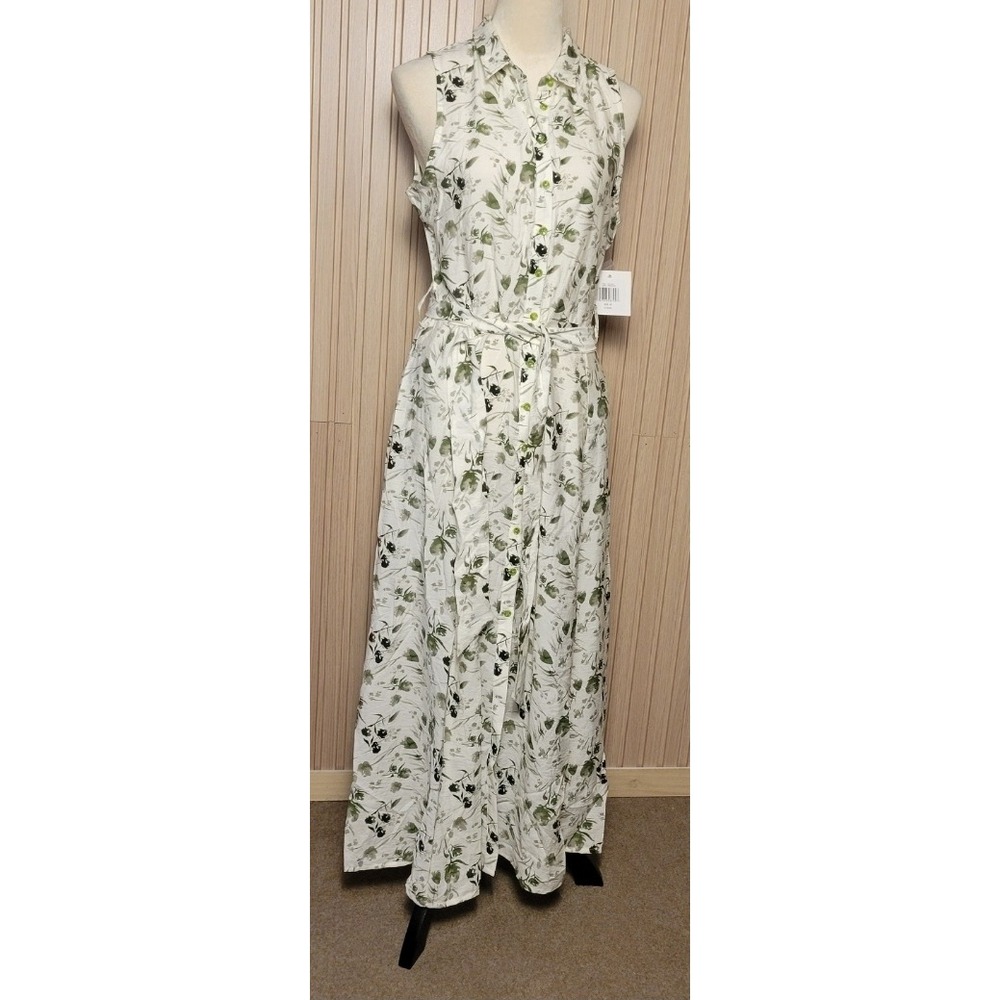 Ellen Tracy Sleeveless Maxi Shirt Dress Green Floral Button Front Tie Waist M